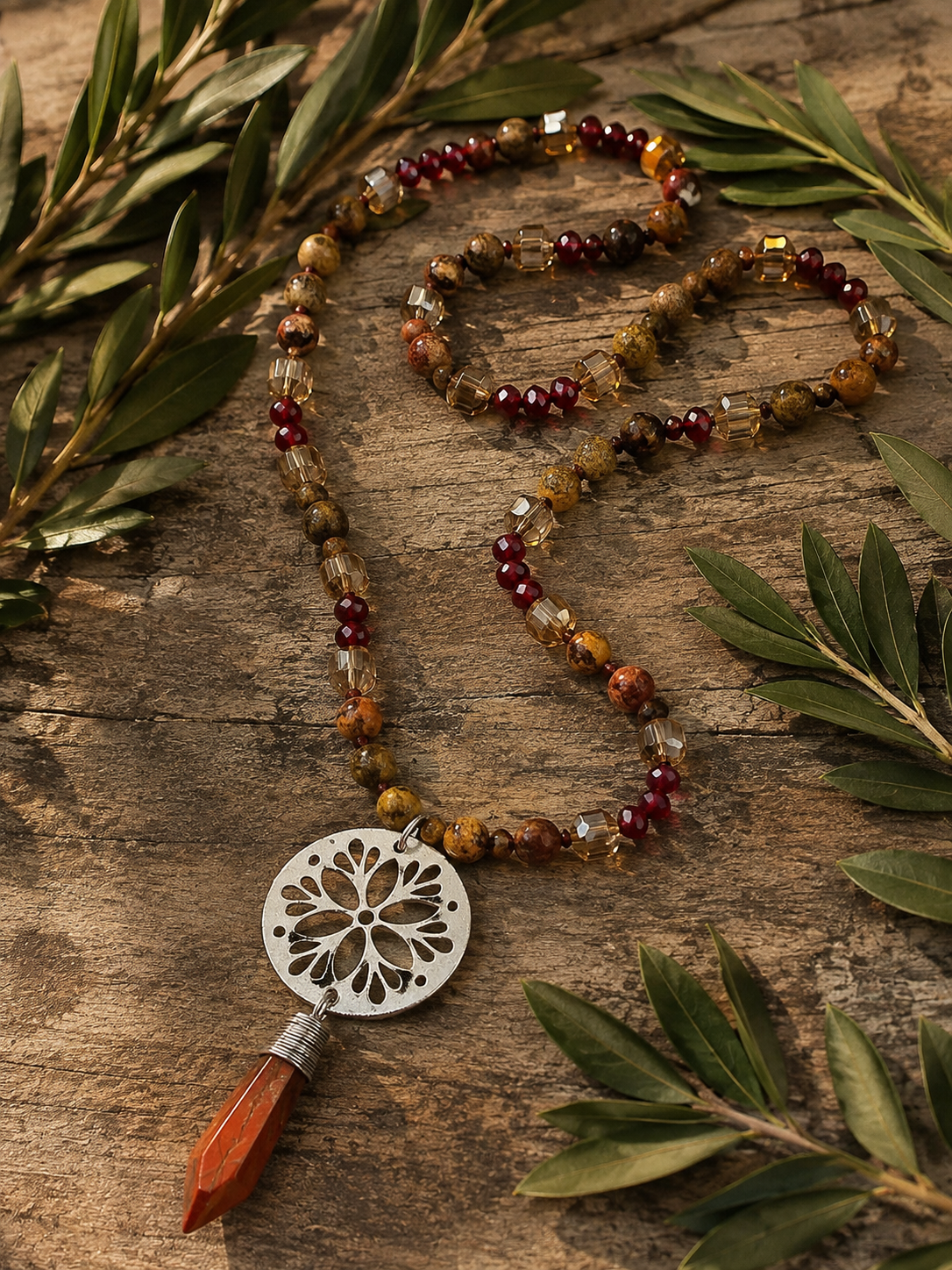 Collar Hippie Chic largo de piedras y cristales anudados tonos terracota, rojos y beige
