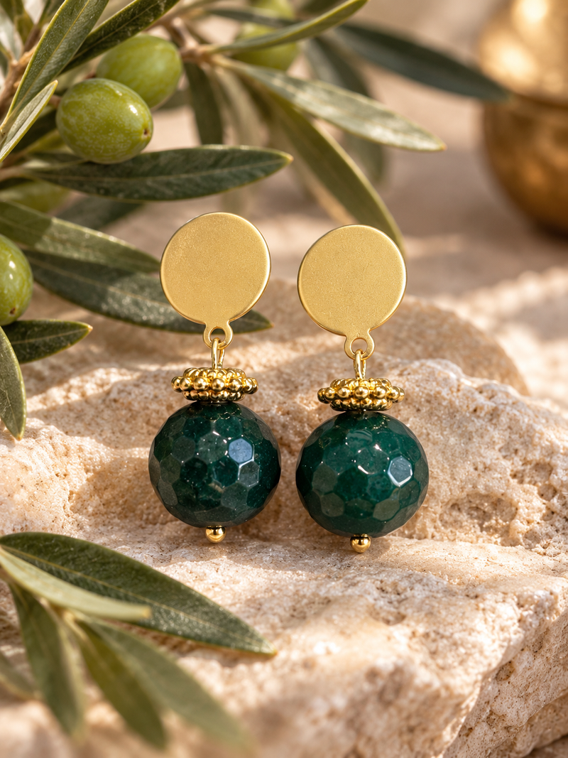 Aros bañados en oro con ágata verde oscuro — foto 5