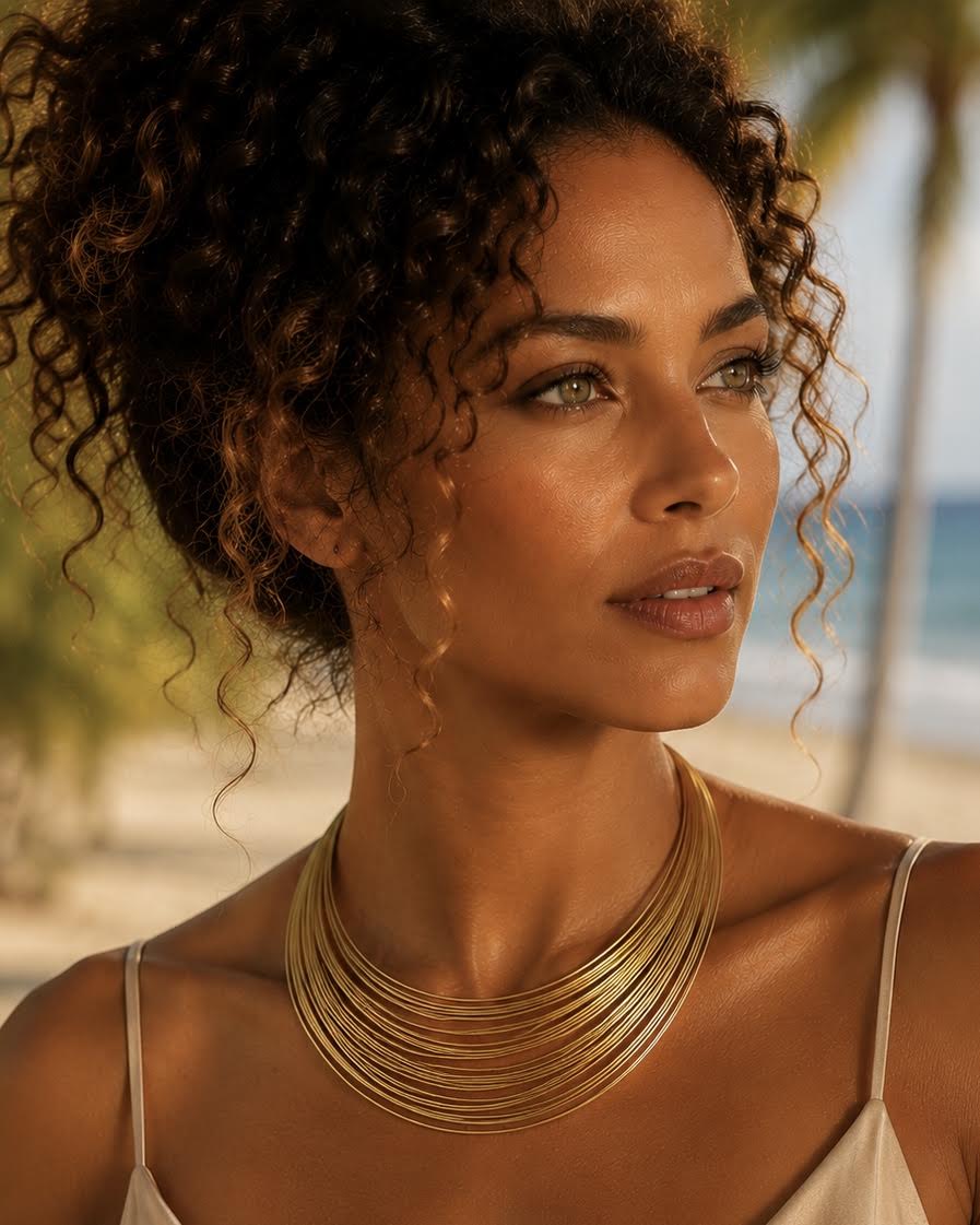 Collar Hippie Chic corto con elegantes metales dorados en circunferencia.