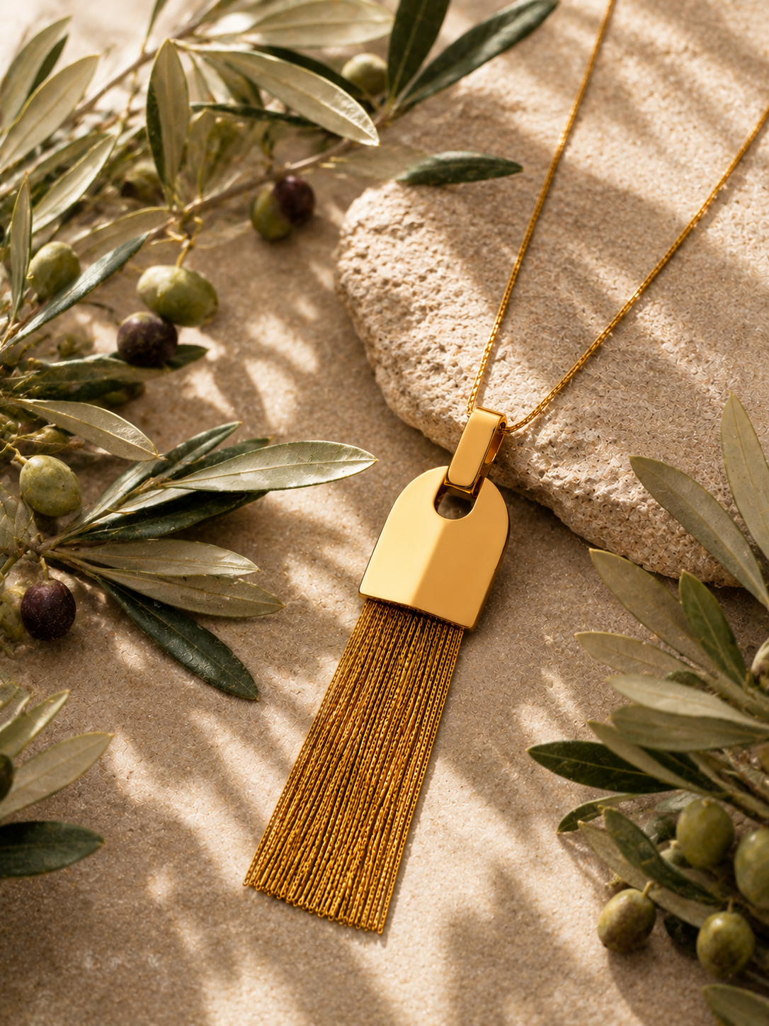 Collar Hippie Chic largo dorado con elegante cadena y colgante con flecos flexibles
