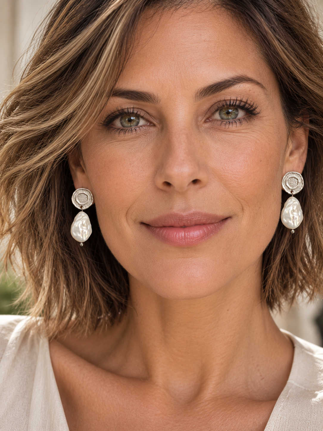 Aros Hippie Chic bañados en plata con elegante perla natural blanca. Largo 4 cm.