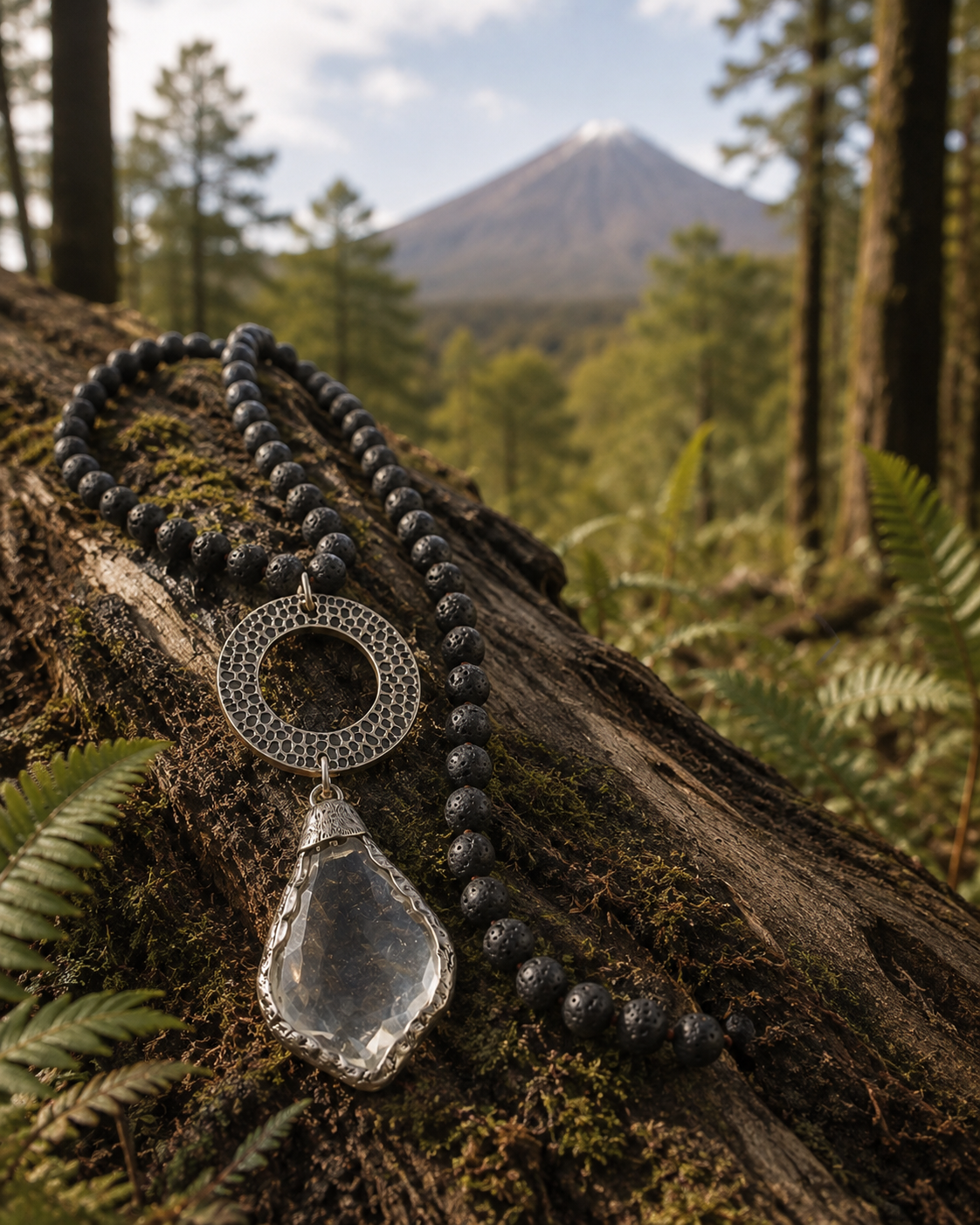 Collar Hippie Chic largo de piedras negras volcanicas y colgante de cristal con conector plateado.