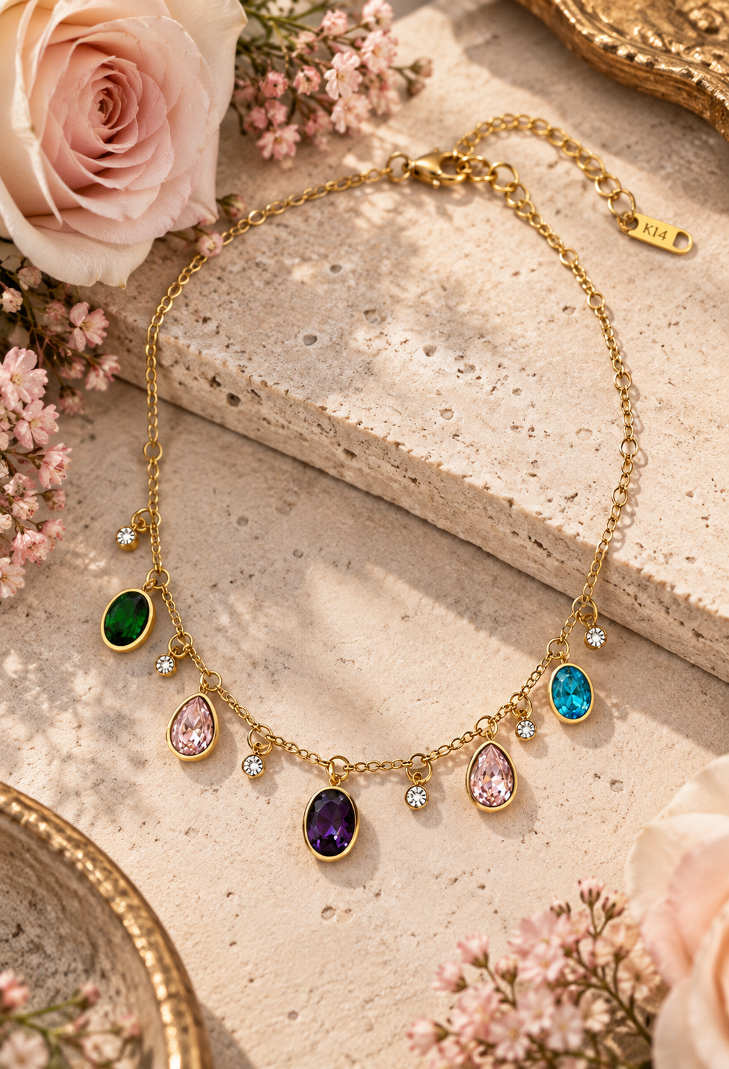 Collar corto de cadena fina con cristales de colores — foto 6