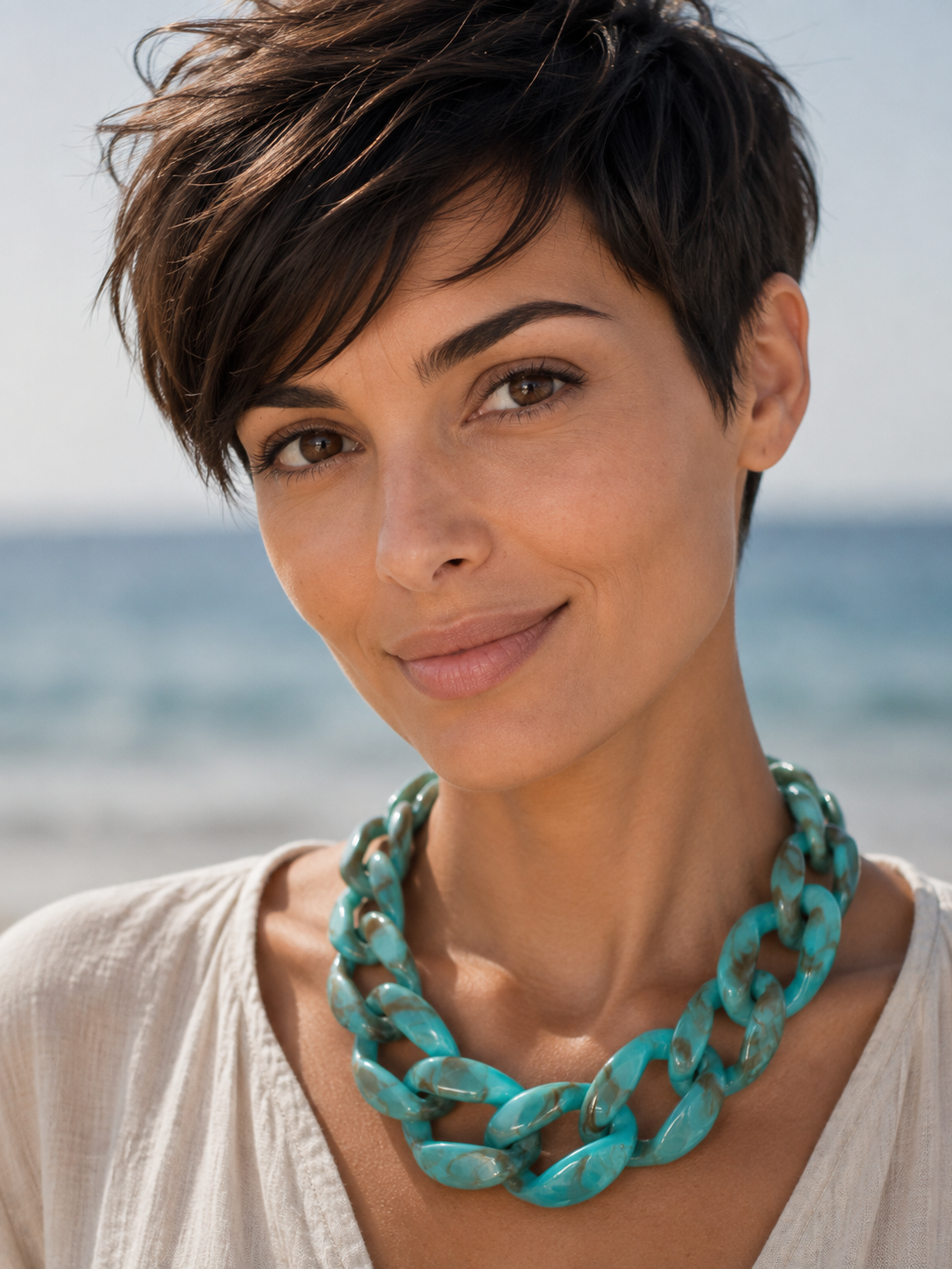 Collar Hippie Chic corto de acrilico en alegres tonos turquesa y broche dorado.