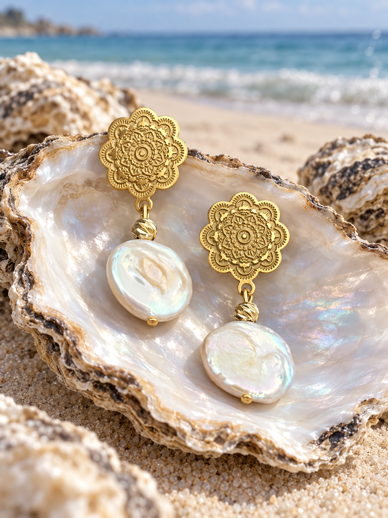 Aros de acero dorado con perla barroca colgante — foto 3