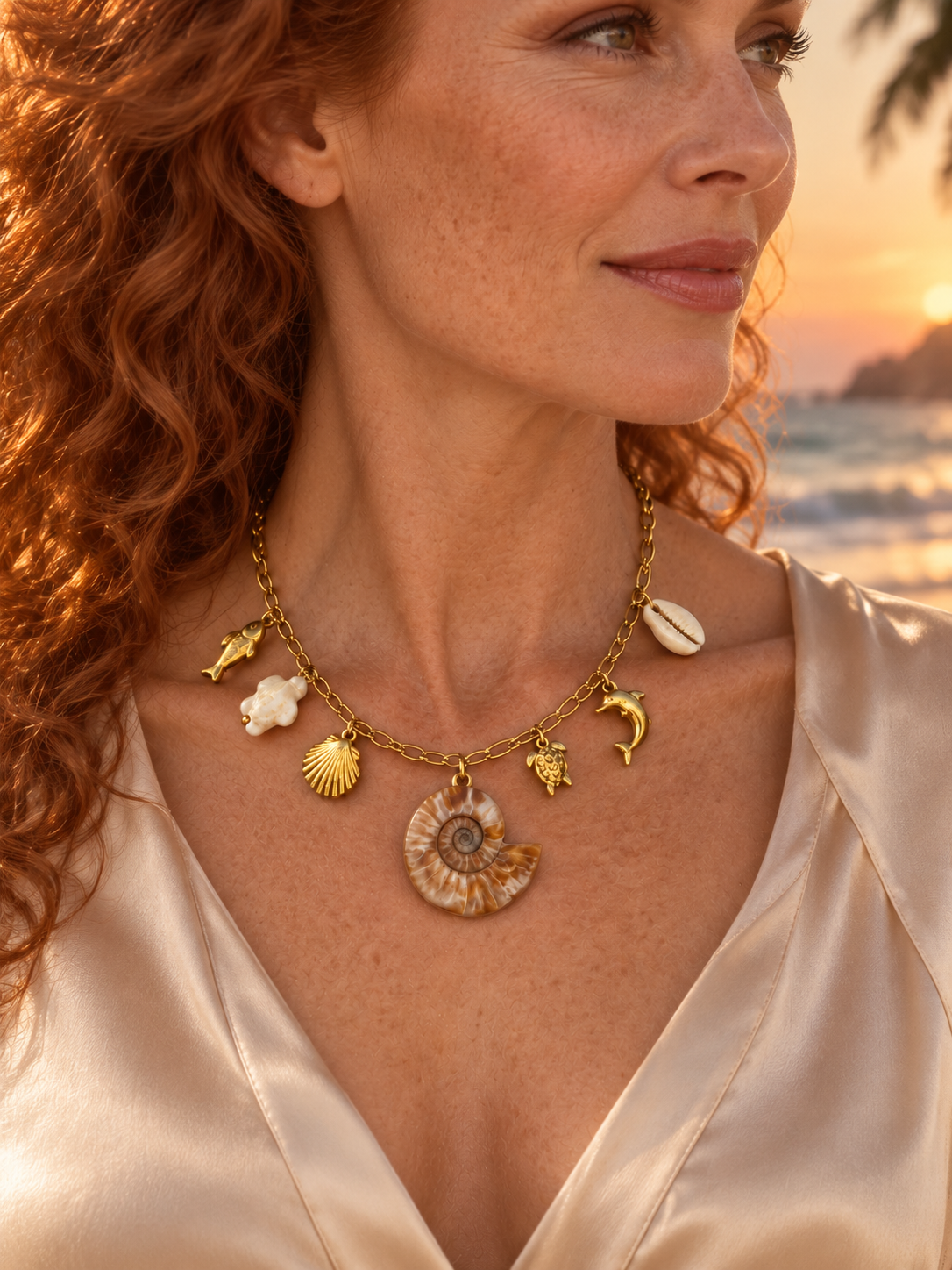 Collar de acero inoxidable dorado con amonite y conchas