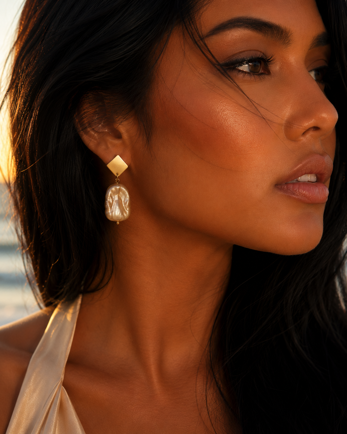 Aros Hippie Chic bañados en oro con elegante perla barroca natural en tonos damasco. Largo 4 cm.