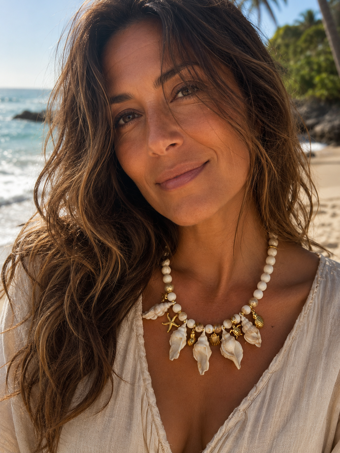 Collar Hippie Chic corto con preciosos motivos maritimos en acrilico beige y colgantes y cadena en acero inoxidable dorado.