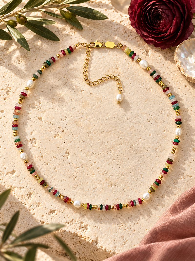 Collar corto de piedras planas de colores con perlas — foto 3
