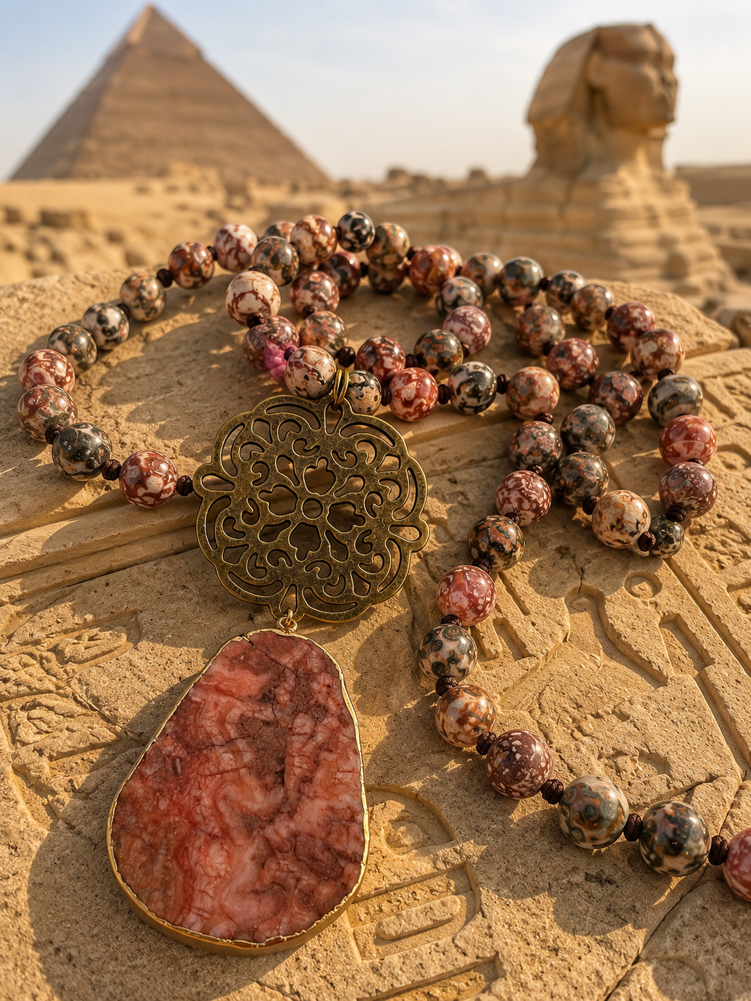 Collar Hippie Chic largo de piedras naturales anudadas en tonos rojos, rosas, blancos y marron, con colgante en los tonos y precioso mandala envejecido.
