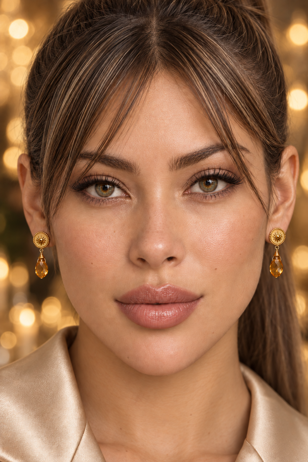 Aros de acero dorado con cristal ámbar — foto 3