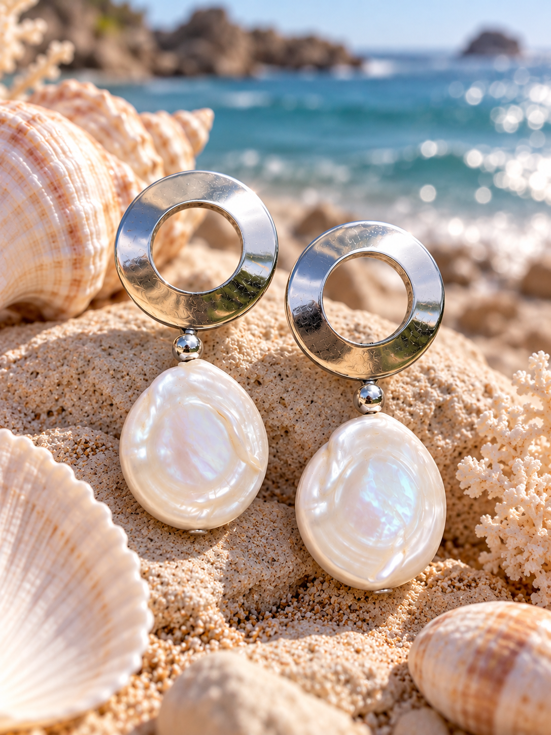 Aros de acero plateado con perla blanca — foto 3