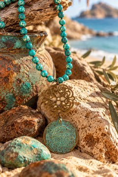 Collar largo de preciosas piedras naturales en tonos turquesa y colgante dorado oxido — foto 4