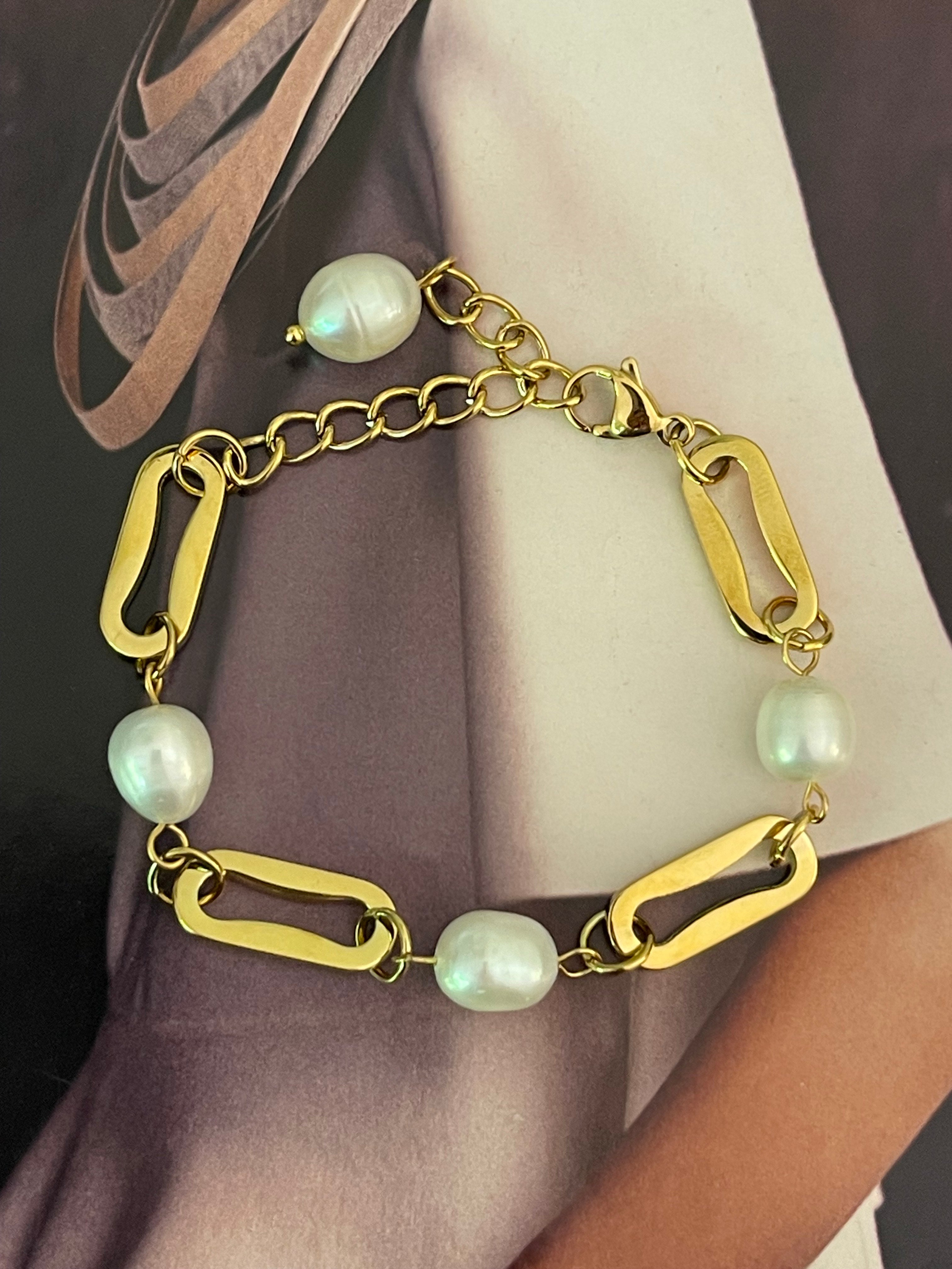 Pulsera Hippie Chic acero inoxidable dorado de eslabones gruesos, con perlas naturales de agua dulce