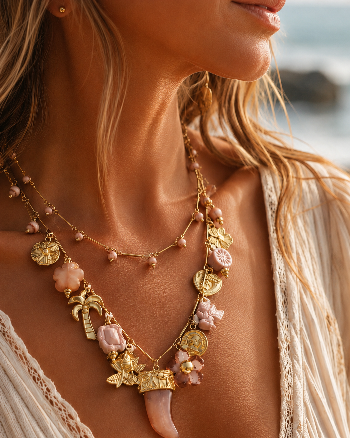 Collar Hippie Chic doble con preciosos colgantes en acero inoxidable dorado y acrilico.