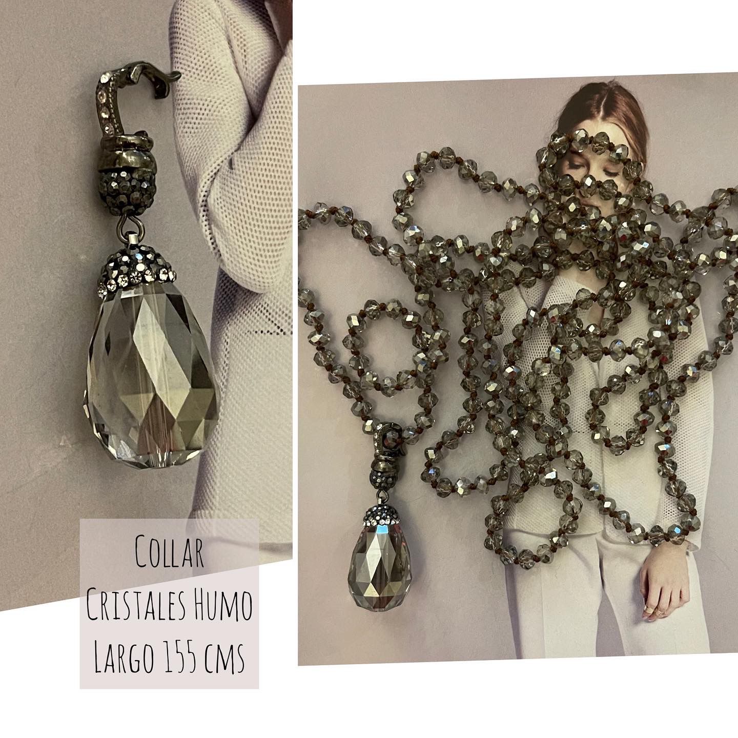 Collar Hippie Chic con preciosos cristales color humo translusido. Combina con todos los tonos de tu ropa.
