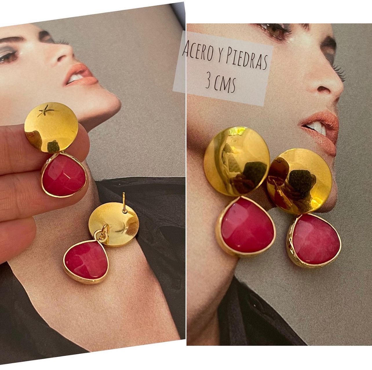 Aros Hippie Chic de acero inoxidable dorado y piedras naturales color fucsia.