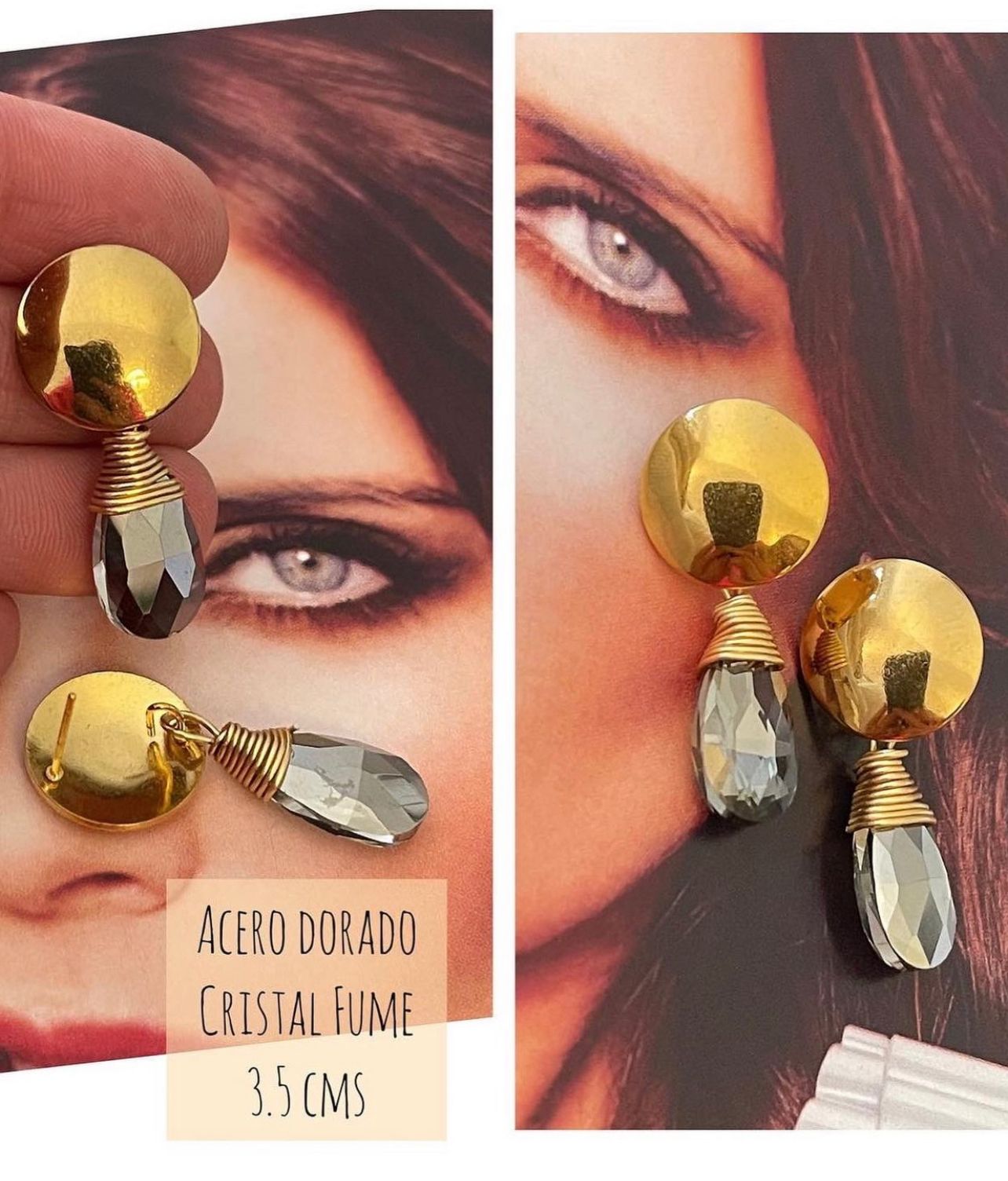 Aros Hippie Chic de acero color dorado cristal fume