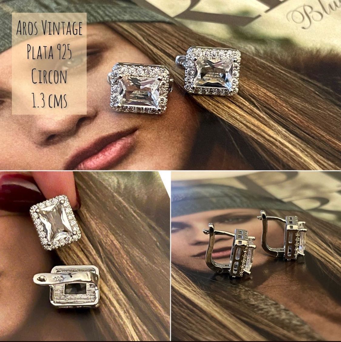 Aros Hippie Chic bañados en plata estilo Vintage con gran circon rectangular. Largo 1.3 cm.