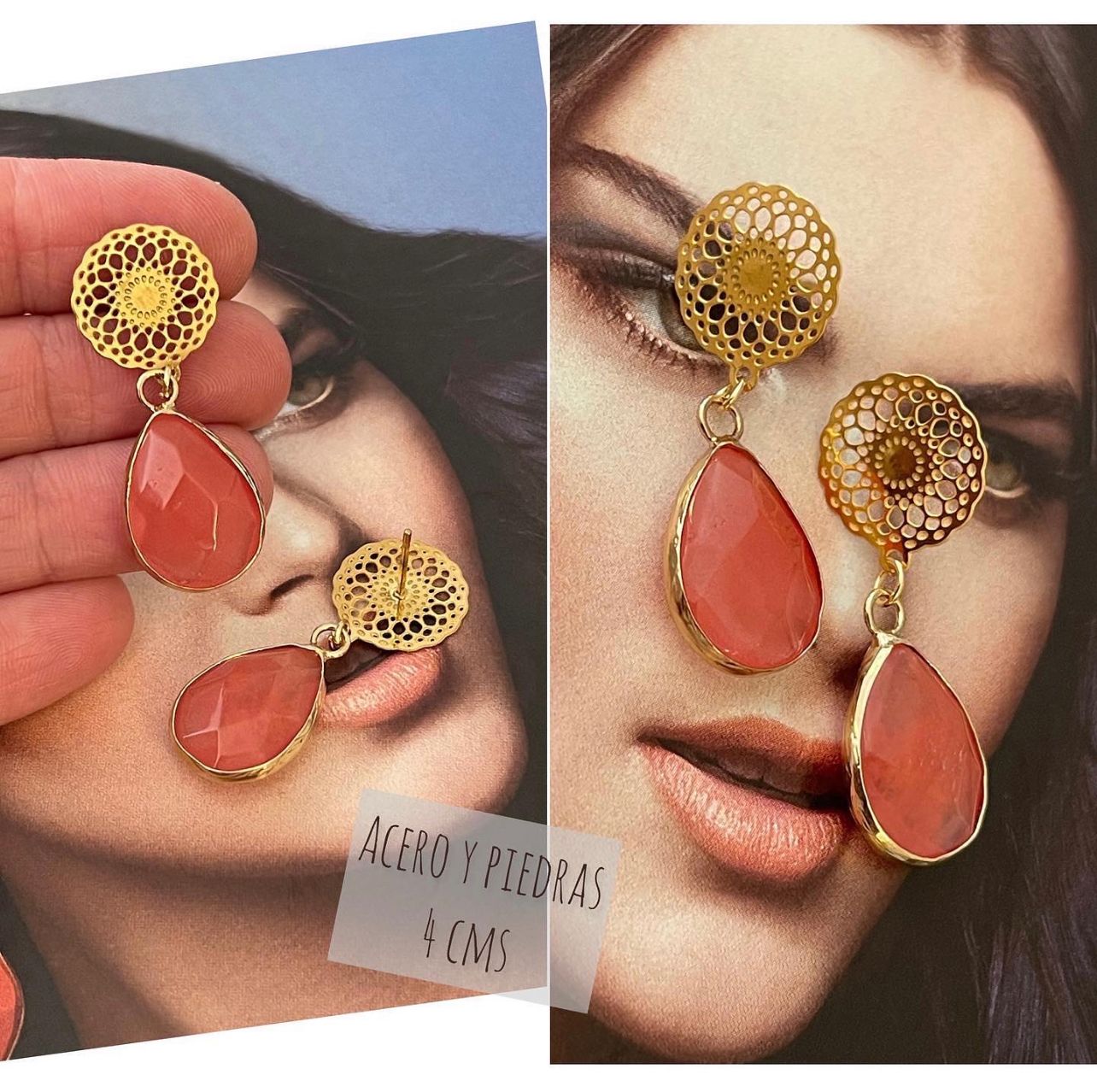 Aros Hippie Chic de acero inoxidable dorado y piedras naturales color coral.