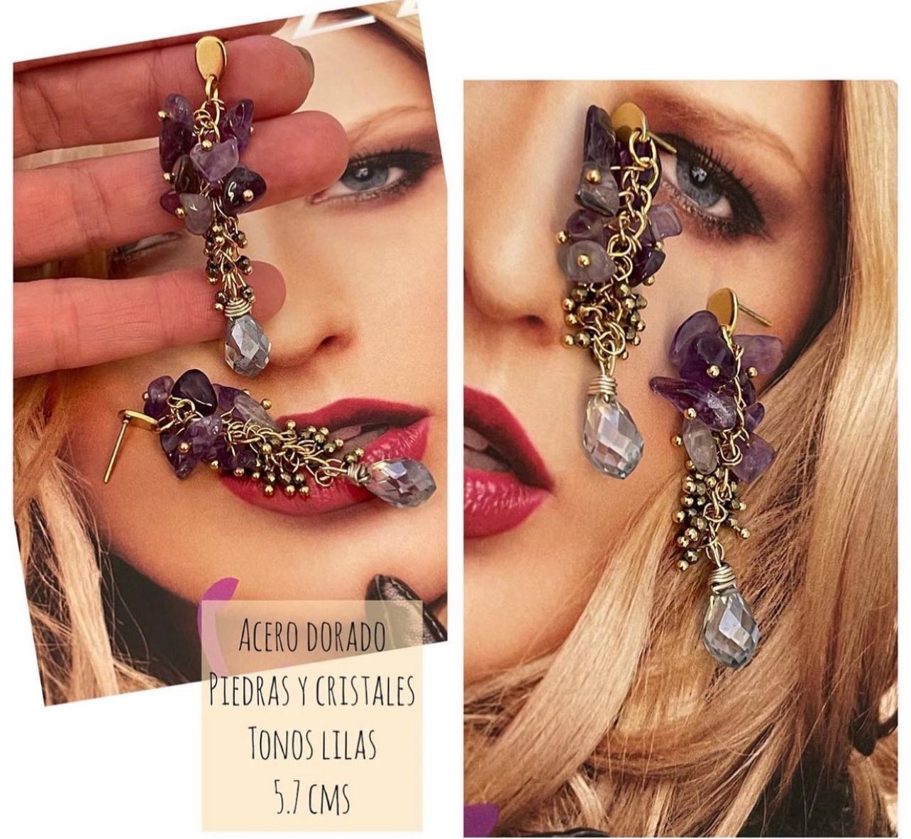 Aros Hippie Chic de acero inoxidable dorado con piedras amatistas y cristales en racimo